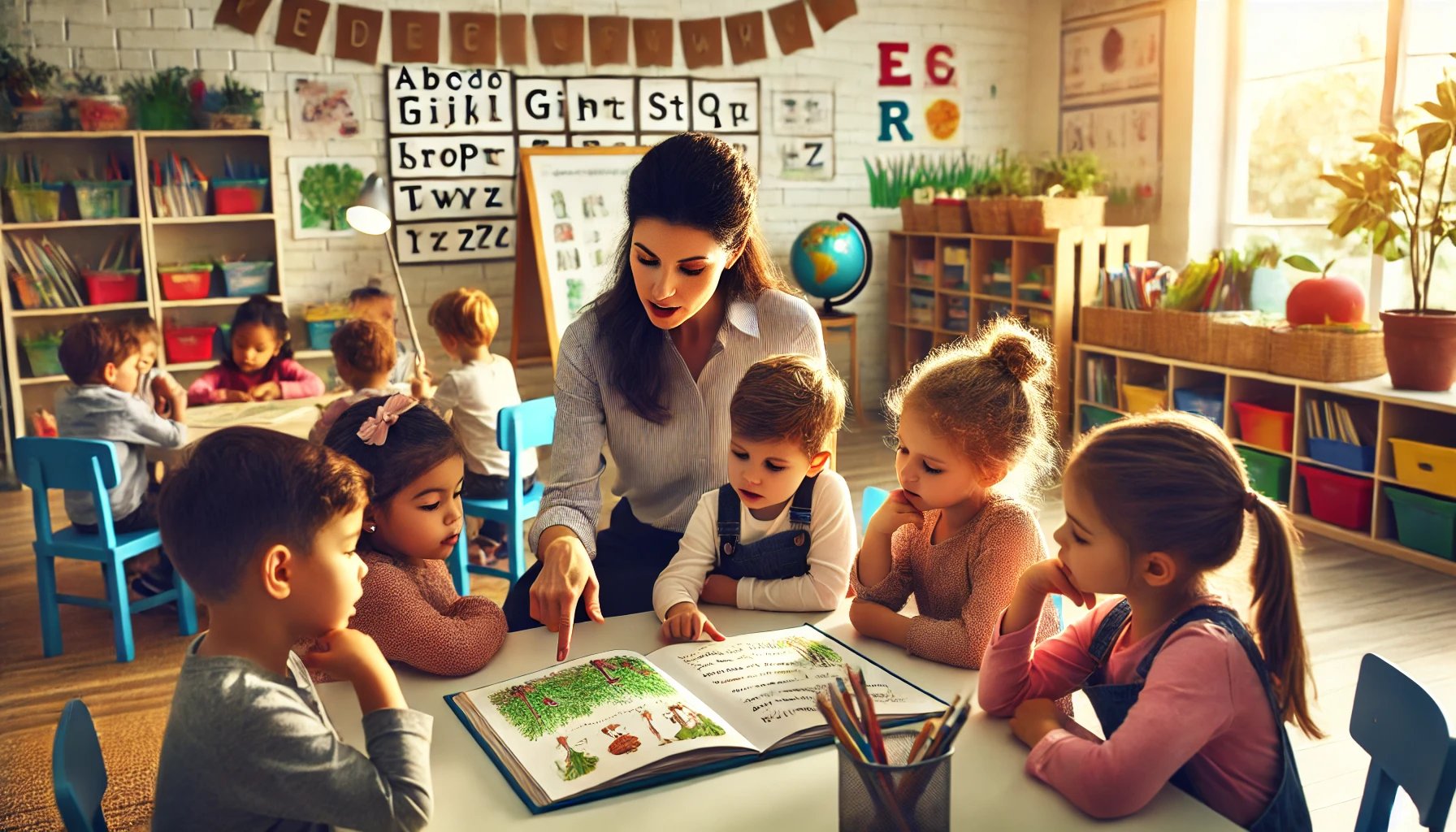 Teacher providing reading instruction to students