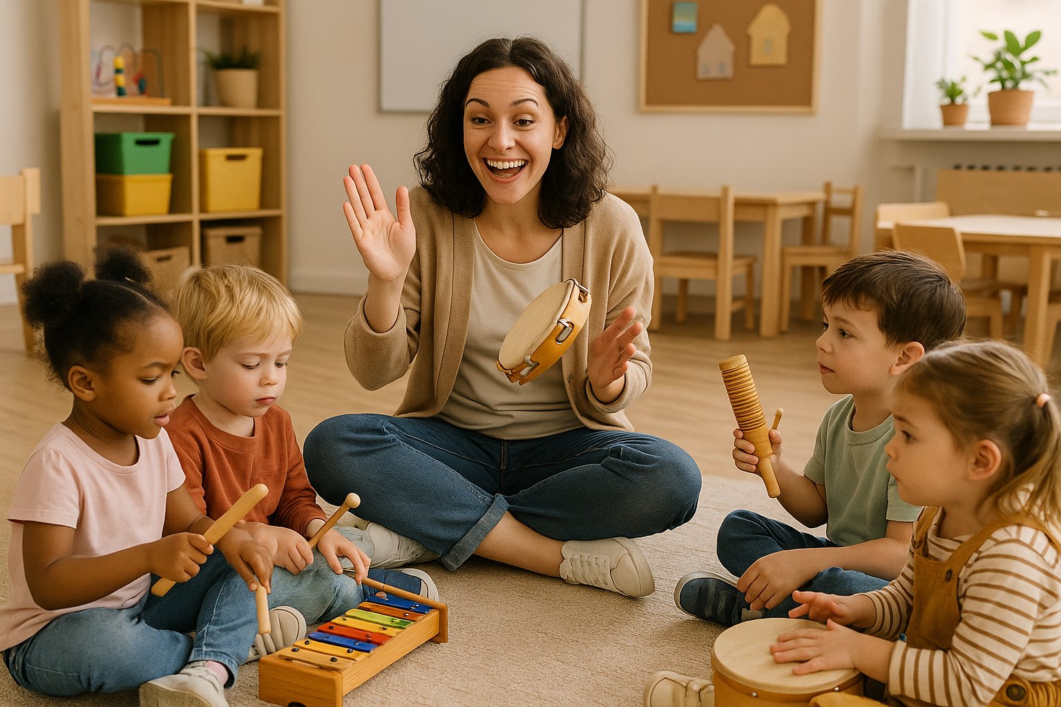 Teacher leading a sound play activity with young students