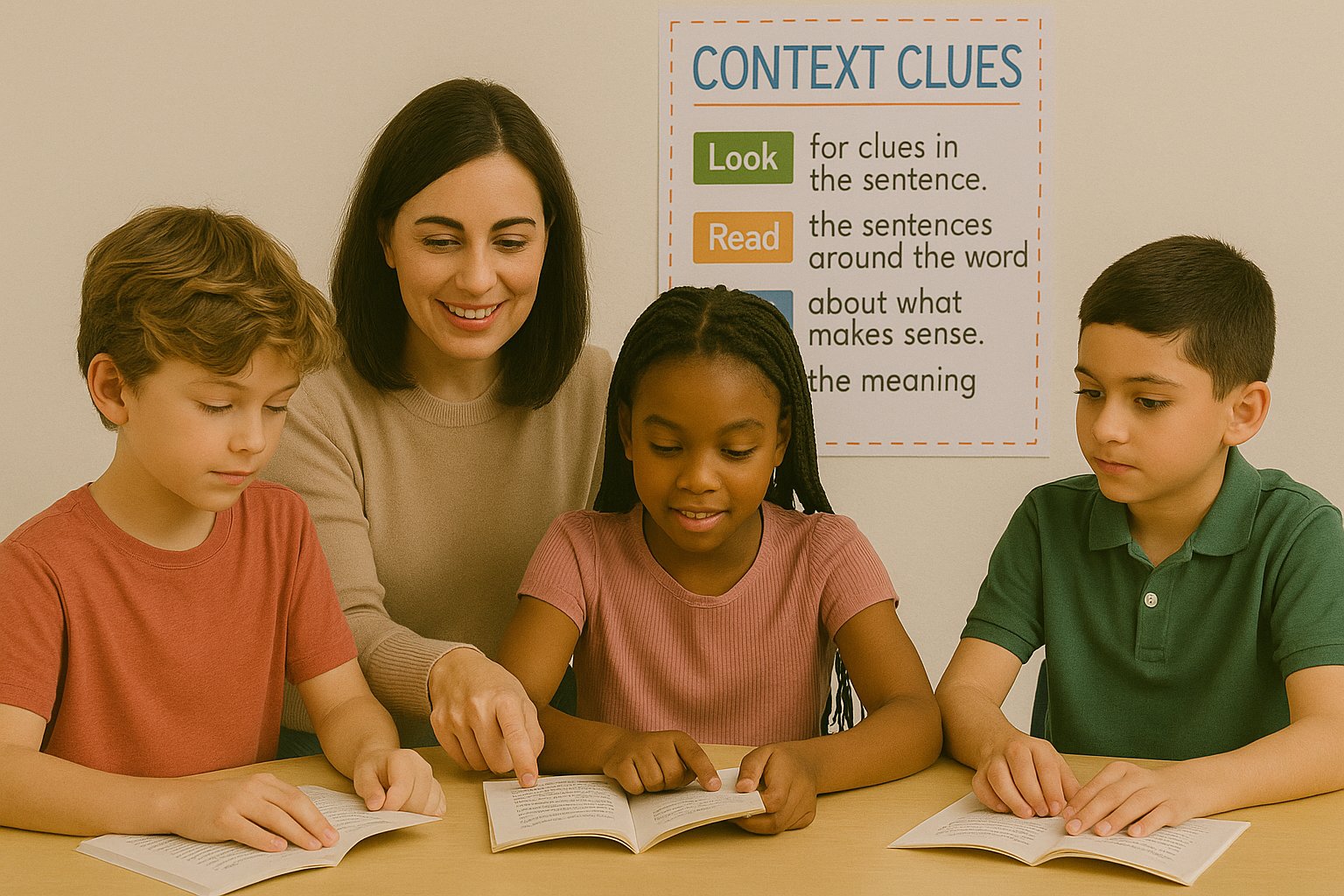 Students using a context clues anchor chart during reading time