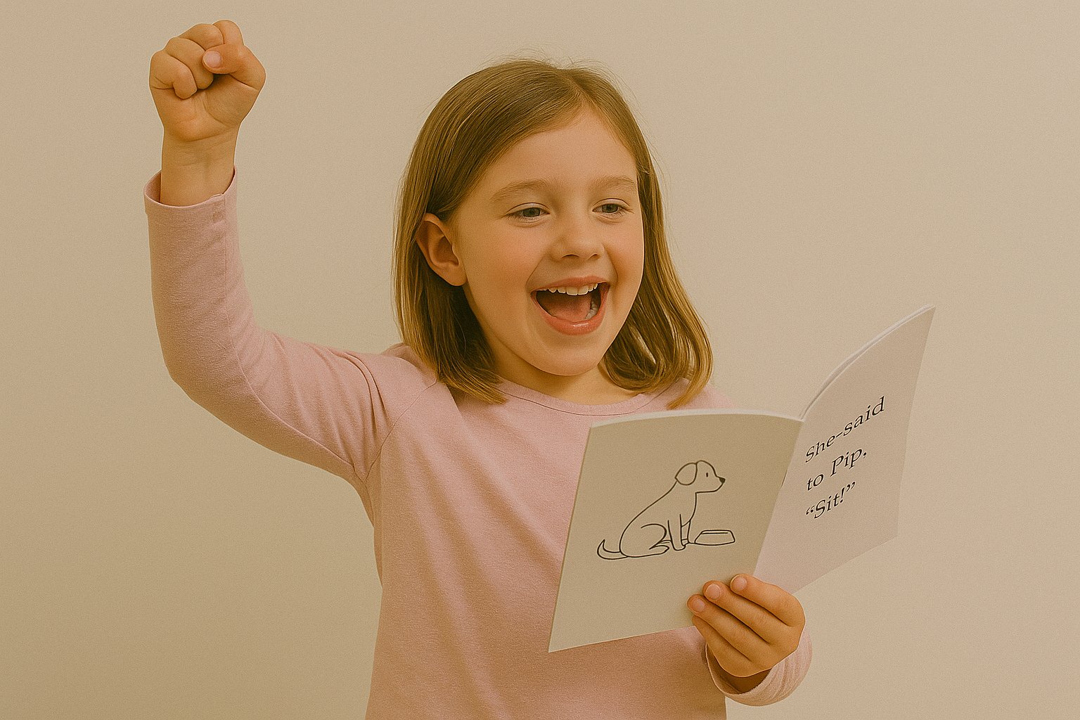 Student celebrating after reading heart words in a decodable text