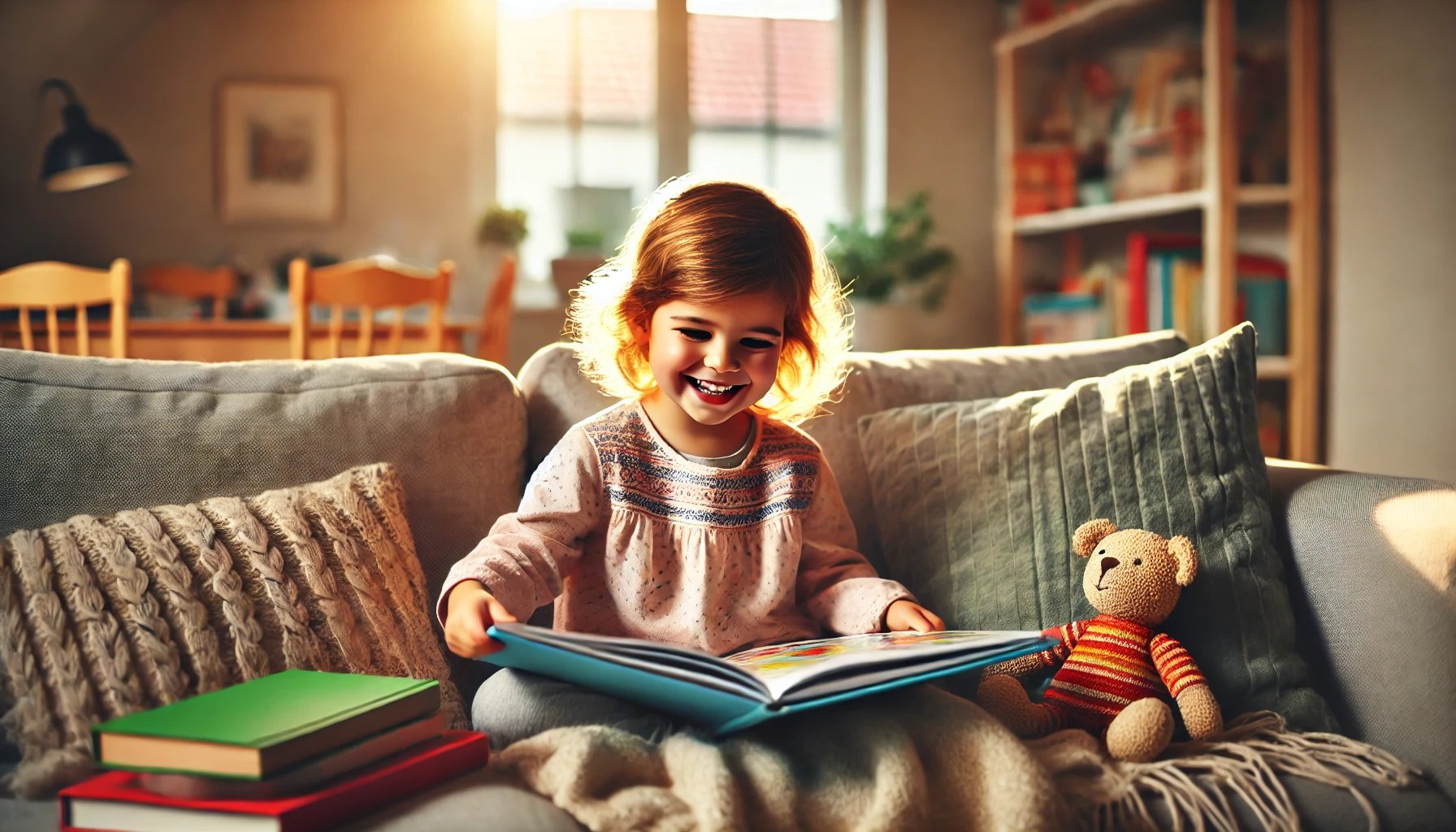 Child smiling while reading a decodable book at home
