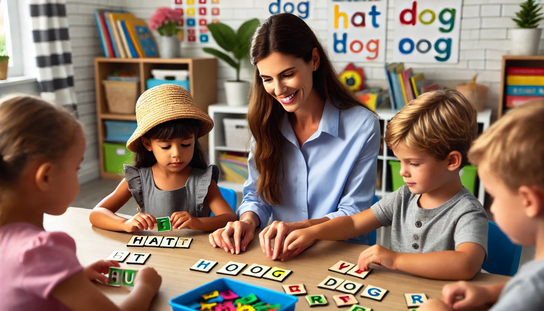 Teacher helping children decode words using phonics tiles