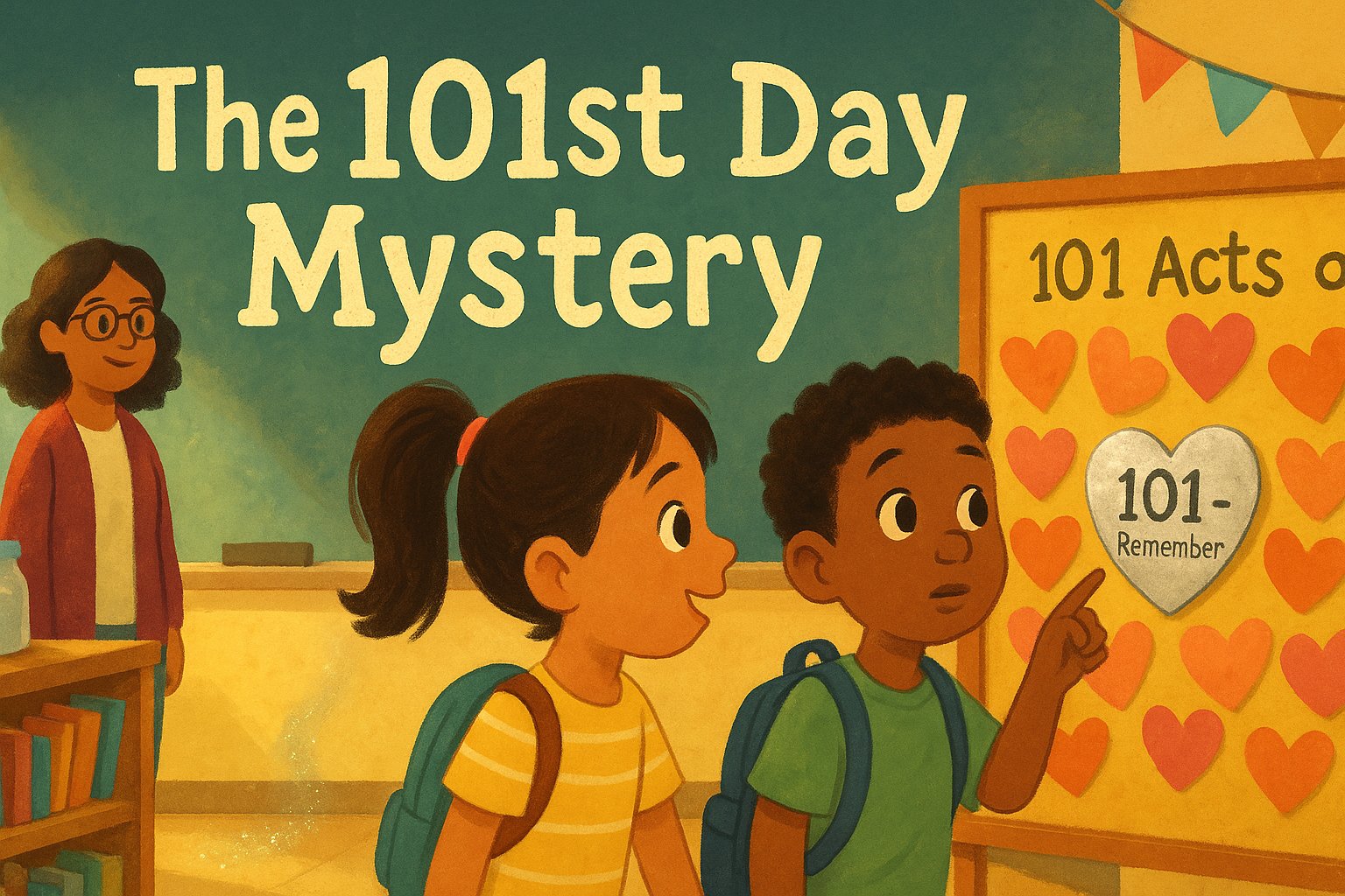 Cover art: Lila and Marco in a warm classroom, looking at a kindness wall with a silver heart