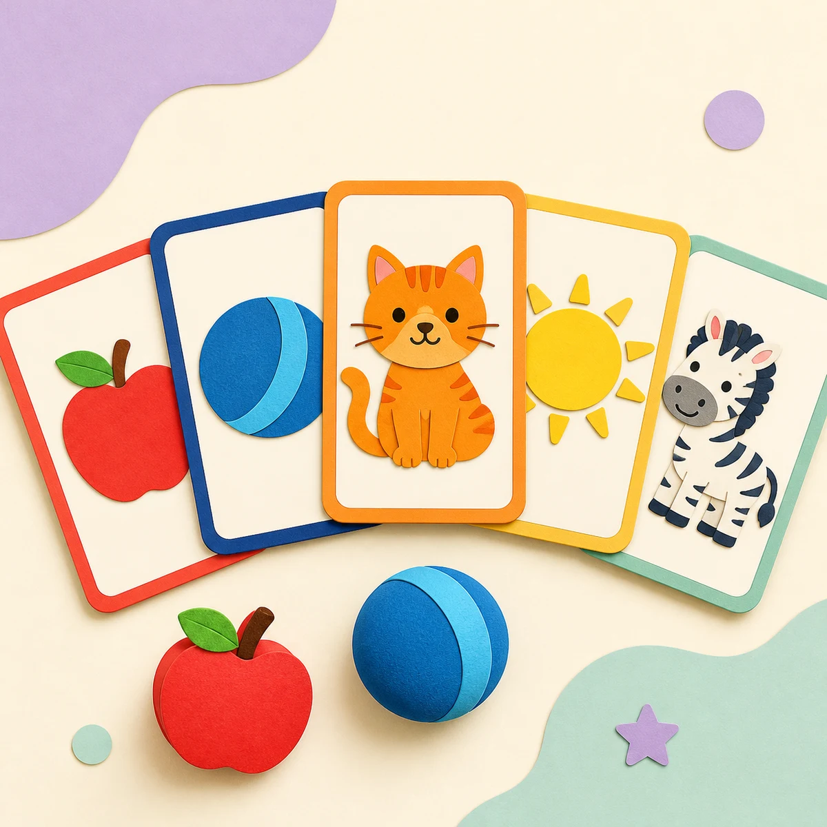 Illustrated alphabet cards featuring an apple, ball, cat, sun, and zebra